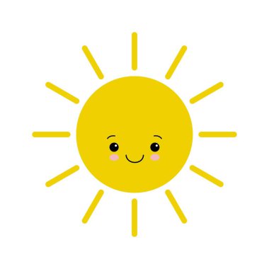 Düz dizayn, gülümseyen çizgi film güneşi beyaz arkaplanda izole edilmiş..