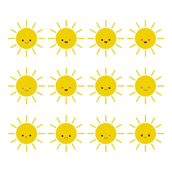 Sätt ikoner om solen med olika känslor. Vektor illustration på vit bakgrund. — Stock vektor