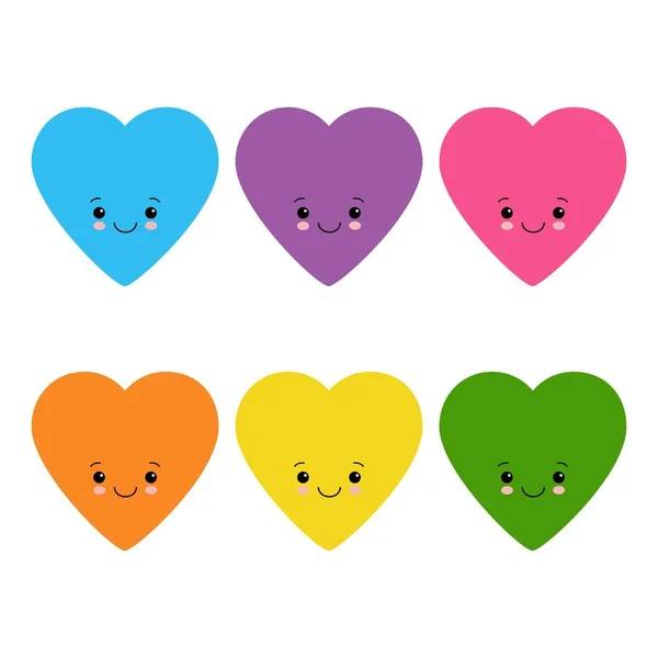 Drôle de coeur souriant heureux. Personnages de dessin animé mignons. Ensemble de vecteurs lumineux d'icônes cardiaques . — Image vectorielle