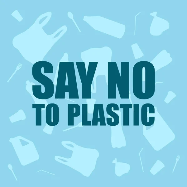 Detener la contaminación plástica oceánica. Cartel ecológico. Hay basura de plástico, botella sobre fondo azul en el agua. Problema plástico. Decir no al plástico — Archivo Imágenes Vectoriales