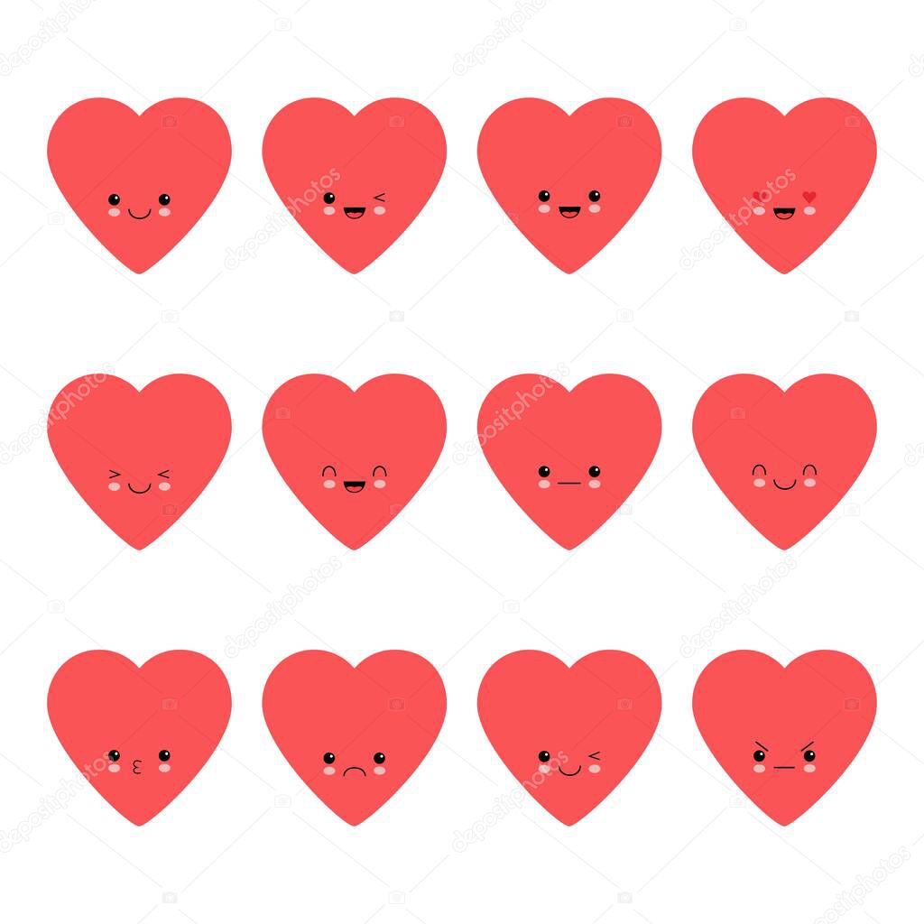 Heart collection. Emoticons. Emoji. Love symbol. Cartoon design element for Valentines Day greeting card, kids coloring book page, t-shirt print, icon, logo, label, patch, sticker.