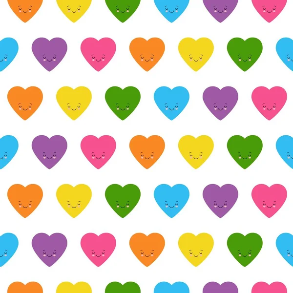 Lustig glücklich Smiley nahtlose Liebe Herz Hintergrund in hübschen Farben. Kawaii-Stil — Stockvektor