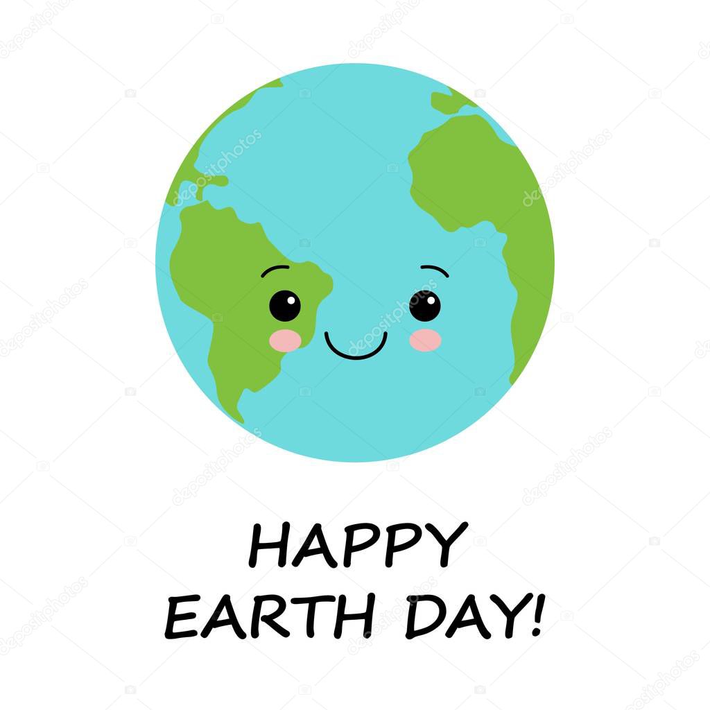 Cute cartoon Earth globe postcard. Earth day background illustrastion kawaii style.
