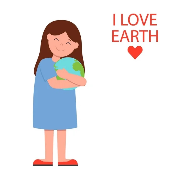 Девушка обнимает и заботится о Земле с сердцем Земля внутри на Земле день концепт-карты Персонаж иллюстрации — стоковый вектор