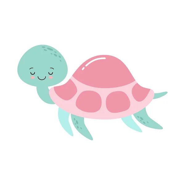 Beyaz arka planda gülüşü olan mutlu şirin kaplumbağa, Vektör çizgi film çizimi. — Stok Vektör