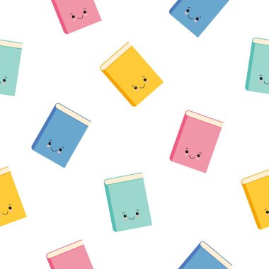 Komik sevimli renkli kitap karakteri kusursuz desen, beyaz arkaplanda izole edilmiş çizgi film vektör çizimi.