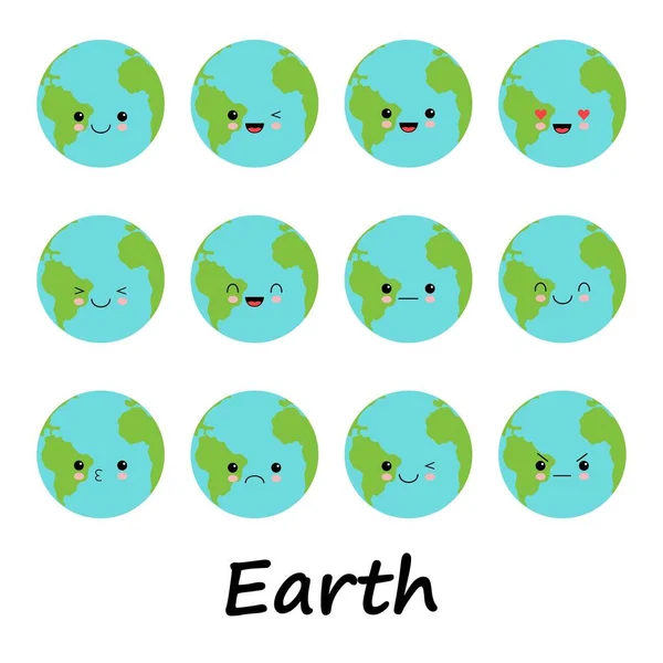 Cartoon globe Earth face with emotion web icons green global smile happy nature character expression and ecology earth - Stok Vektor