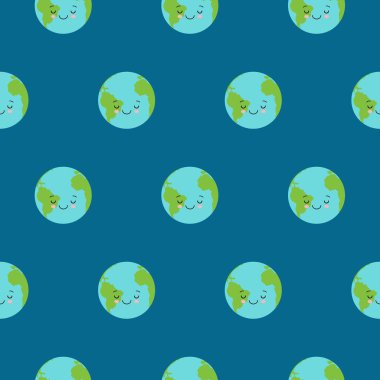Dünya günü, mavi arka planda vektör pürüzsüz desen. Emoji, Kawaii tarzında şirin bir gezegen. 10 saniye..