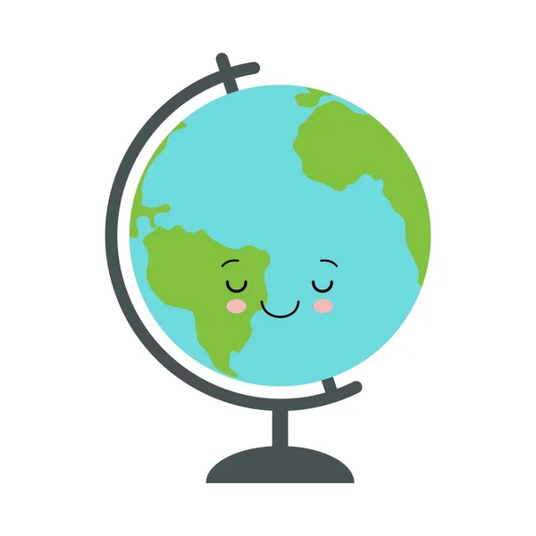 Vector ilustração plana de um globo adormecido personagem bonito em um suporte. Modelo de mapa de esfera mundial isolado sobre fundo branco . —  Vetores de Stock