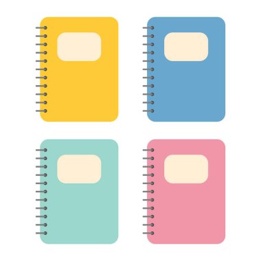 Düz tasarım: Not defteri ve kağıt yaprak beyaz arka plan beyaz yere metin için izole.