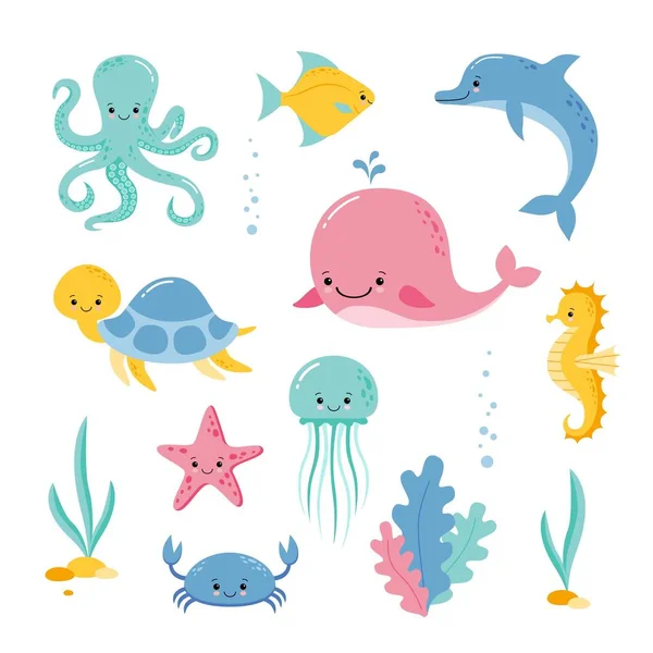 Mignonnes créatures marines et animaux vecteurs icônes isolés sur fond blanc. Style Kawaii — Image vectorielle