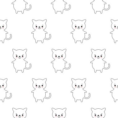 Şirin kedilerle kusursuz desen. Çizgi film hayvanları arka planı. Kumaş, duvar kağıdı, ambalaj kağıdı, tekstil, yatak örtüsü, tişört baskısı için ideal. Kawaii beyaz kedi.