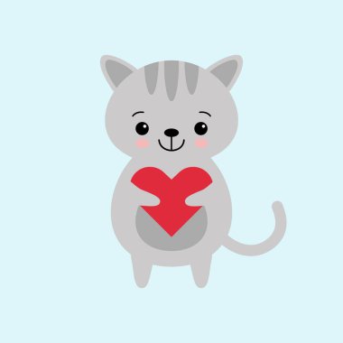 Kalbi tutan sevimli kedi. Yavru kediyle birlikte tebrik kartı. Yazılarınızı özledim. Vektör illüstrasyonu