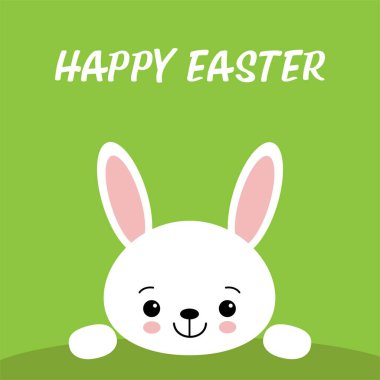 Yeşil bir arkaplan arayan Paskalya tavşanı. Kawaii kartı.