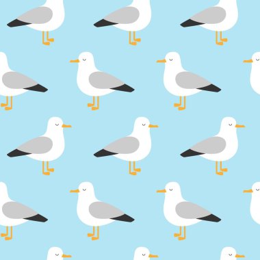 Mavi suda izole edilmiş, İskandinav düz tarzında, çocuklar için deniz kuşu illüstrasyonlu şirin martılar.