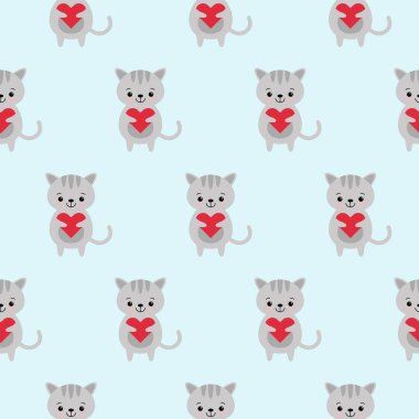 Kalpli, sevimli, komik kawaii çizgi film kedileriyle kusursuz bir desen. Duvar kağıtları için vektörsüz doku, desen dolguları, mavi desenli web sayfası arkaplanları