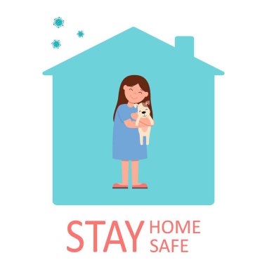 Coronavirus ev vektörü olarak kalacak. Dışarıda Covid-19 yürürken evde pozitif kal. Kız ve şirin köpek.