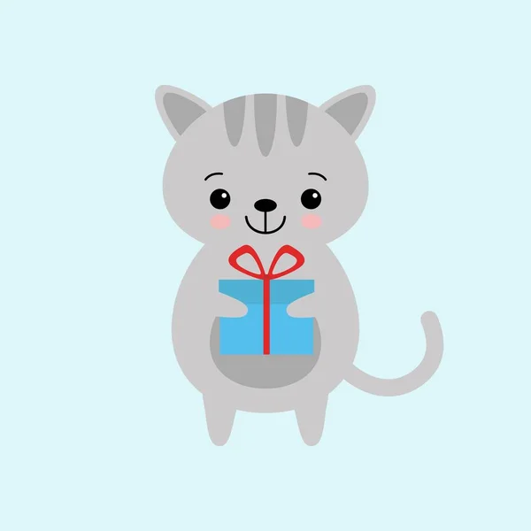 Kawaii Graue Katze Mit Geschenkbox Vektorillustration Niedliche Zeichentrickfigur — Stockvektor