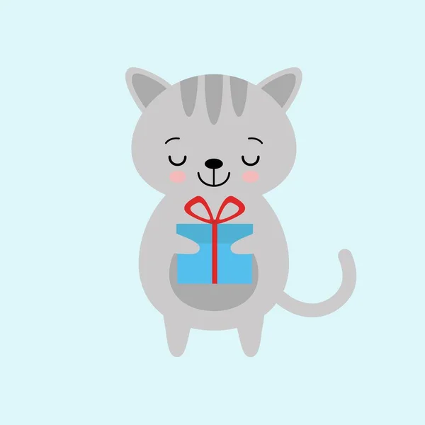 Kawaii ύπνο γκρι γάτα με κουτί δώρου, διανυσματική απεικόνιση — Διανυσματικό Αρχείο