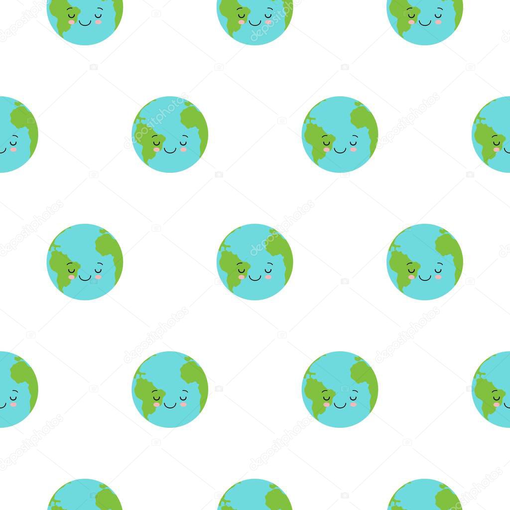 Earth day, vector seamless pattern. Cute planet in the style of Emoji, kawaii.