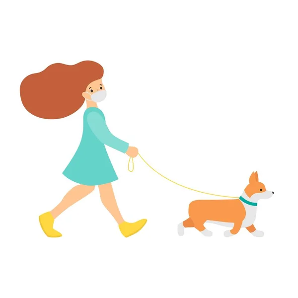 Ένα σπορ κορίτσι περπατά σε μια μάσκα με ένα σκυλί Κόργκι. Διάνυσμα επίπεδη στυλ απεικόνιση της καραντίνας και απομόνωσης. — Διανυσματικό Αρχείο