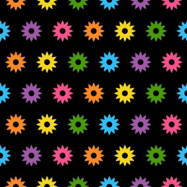 Bahar ve yaz çiçekleri deseni. Parlak çiçekler. Siyah arka planda renkli çiçekler. Güzel çiçek deseni. Basit düz vektör karikatür illutasyonu.
