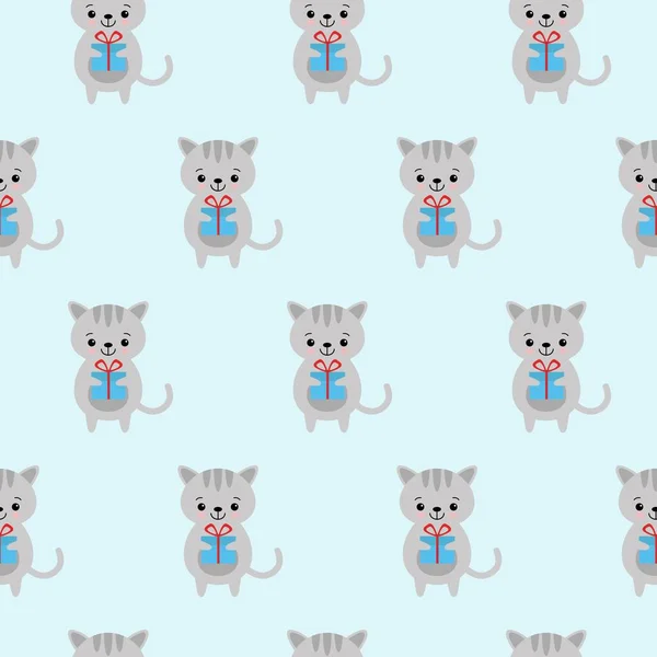 Ilustración Vectorial Patrón Sin Costuras Gatos Graciosos Con Regalos Lindos — Vector de stock