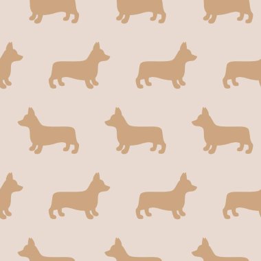 Çizgi film, Corgi Corgi Dog 'un kusursuz bir geçmişi var. Kart, duvar kağıdı, albüm, albüm, albüm, tatil ambalaj kağıdı, tekstil kumaş, giysi, tişört tasarımı vb. için soyut Corgi köpek deseni. vektör illüstrasyonu