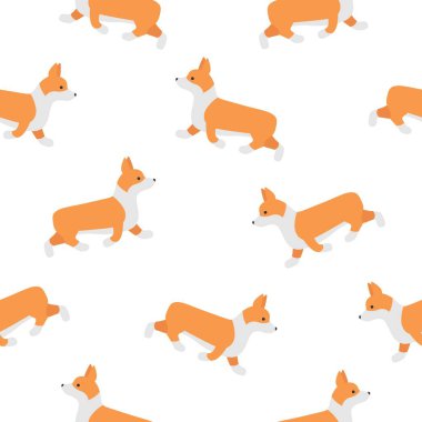 Tatlı çizgi film köpekleri olan şirin, pürüzsüz desen beyaz arka planda Welsh Corgi Pembroke yetiştiriyor. Vektör illüstrasyonu düz biçimi