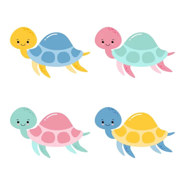 Usmívající Šťastný Roztomilý Želva Ikona Logo Sada Kresleném Stylu Kawaii — Stockový vektor