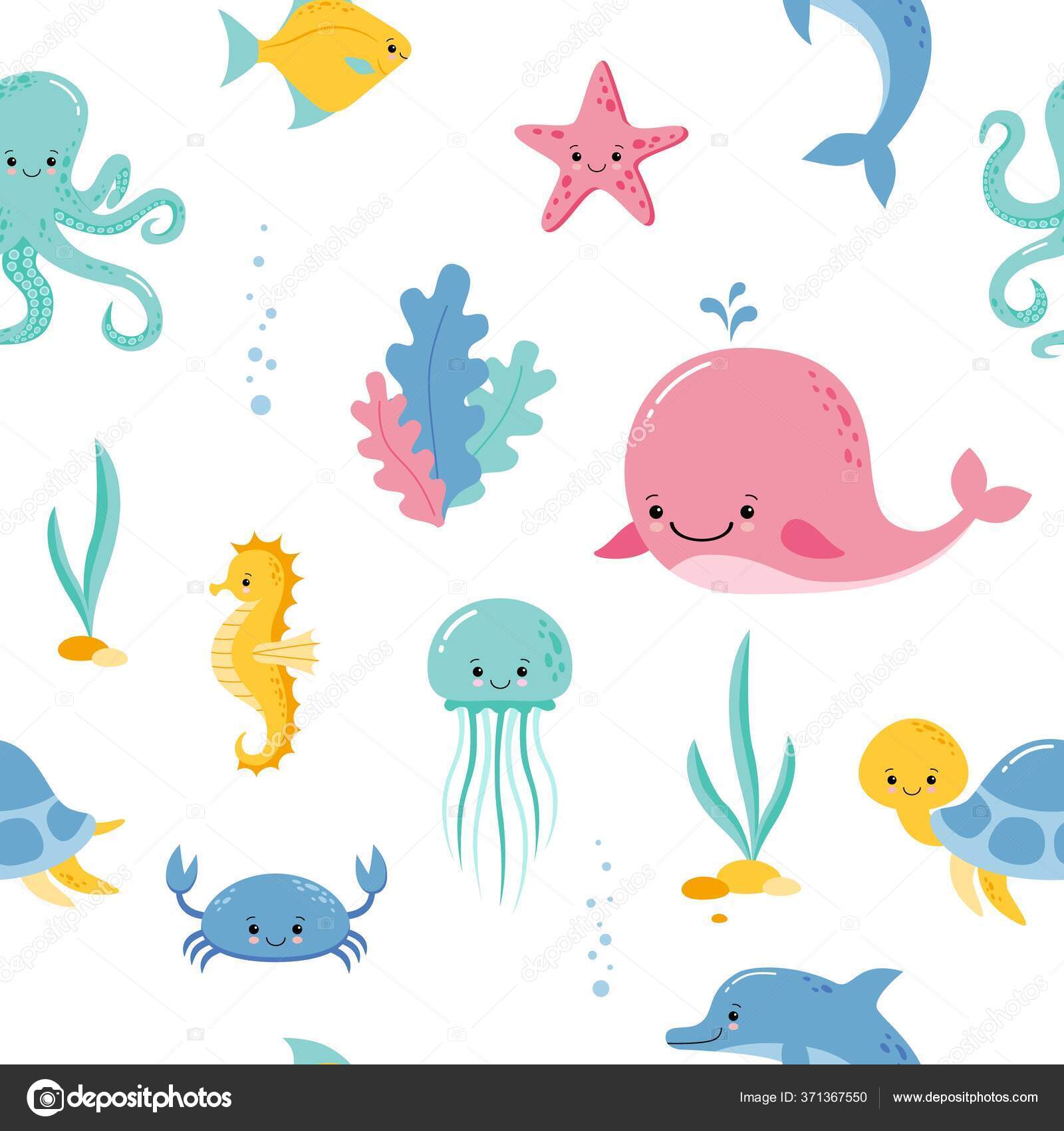 Cute sea and ocean cartoon animals and fishes. Seamless pattern background  with underwater funny kawaii characters. Stock Vector Image by ©YuliaR  #371367550