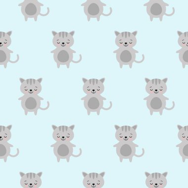 Vektör çizimi. Kusursuz desen. Komik kawaii kedileri. Gri renkli şirin kediler. Vektör kediler.