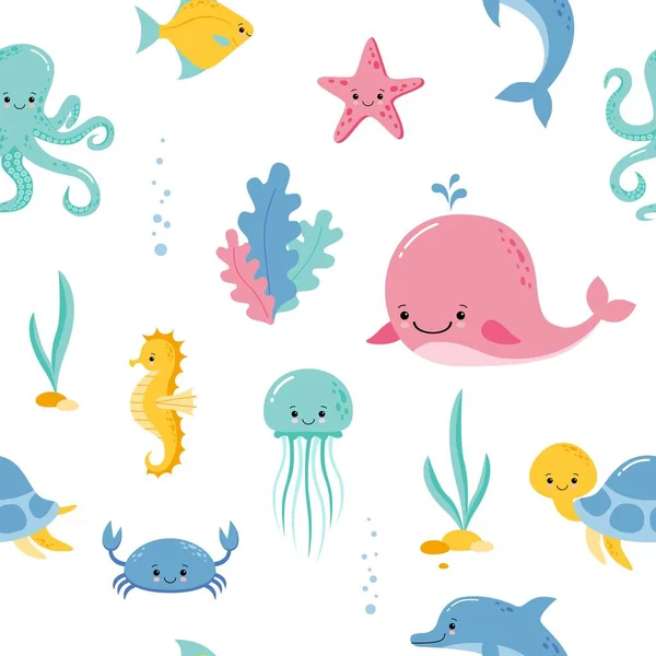 Şirin deniz ve okyanus çizgi filmlerindeki hayvanlar ve balıklar. Su altı komik kawaii karakterli kusursuz desen arkaplanı. — Stok Vektör