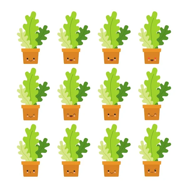 Set pot kawaii higge emoticon tanaman emoji. - Stok Vektor