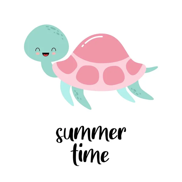 Joyeux joyeux tortue marche avec le sourire, illustration de dessin animé vectoriel. Carte horaire d'été — Image vectorielle