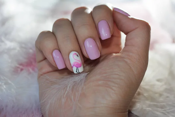 Ongles originaux avec un motif de flamants roses confortable — Photo