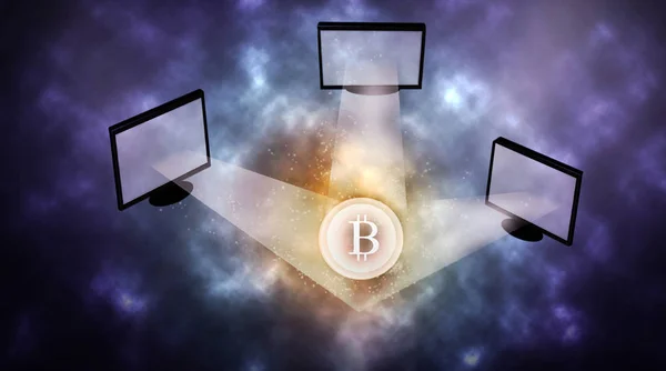 Imagem conceitual - computadores estão forjando bitcoyne — Fotografia de Stock