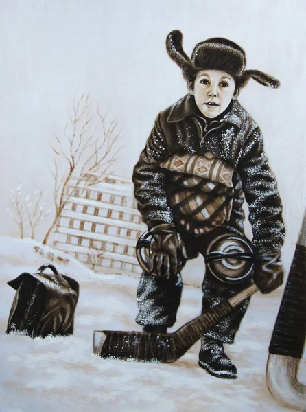 Winter Boy Plays Hockey — Stock Photo, Image