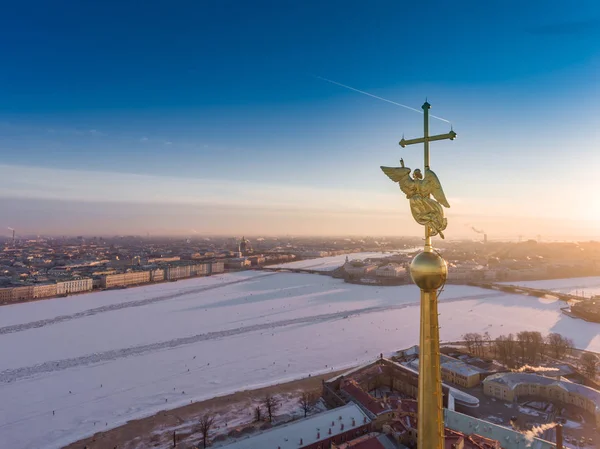 Vista Aérea Ouro Anjo Cruz Peter Paul Fortress Spike Pôr — Fotografia de Stock