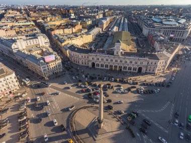 Aerial view of Business center Nevsky center, Vosstaniya Square, Stockman, Nevsky Avenue, metro station, subway, Moscow railway station, traffic, obelisk to the hero town Leningrad, facades clipart