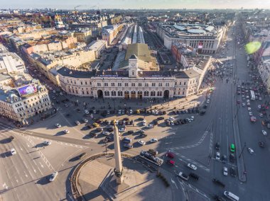 Aerial view of Business center Nevsky center, Vosstaniya Square, Stockman, Nevsky Avenue, metro station, subway, Moscow railway station, traffic, obelisk to the hero town Leningrad, facades clipart