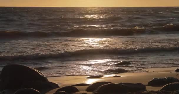 Písečné pobřeží s přílivová vlna v západu slunce, kameny, písek, vlny, nikdo, krajina, klid, slunce padá — Stock video