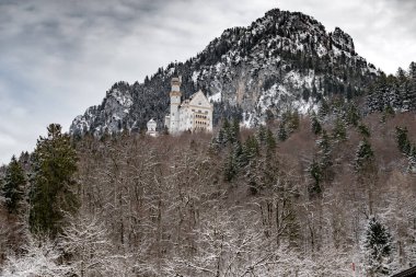 Almanya 'nın Bavyera kentindeki Neuschwanstein kraliyet kalesi. Ünlü Bavyera tabelası Kış günü, bulutlar gökyüzünde