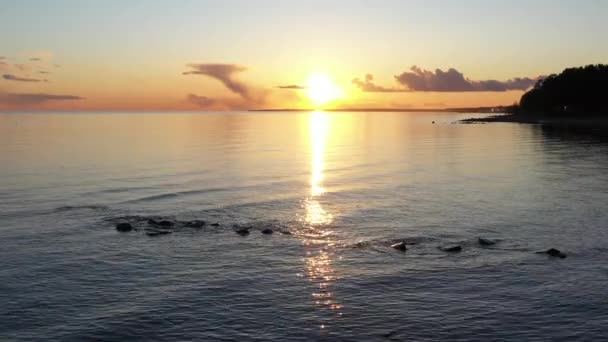 Drony przelatują nad wybrzeżem o zachodzie słońca, malowniczy zachód słońca, spokojna woda, piaszczysta plaża, szczyty drzew oświetlone są słońcem, różowe chmury — Wideo stockowe