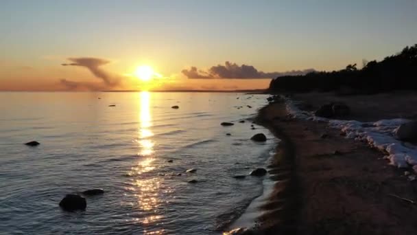 Drony przelatują nad wybrzeżem o zachodzie słońca, malowniczy zachód słońca, spokojna woda, piaszczysta plaża, szczyty drzew oświetlone są słońcem, różowe chmury — Wideo stockowe