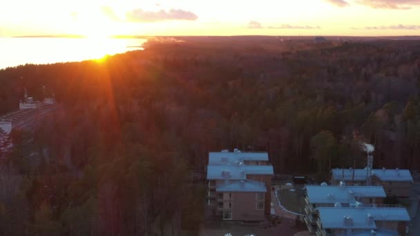 Toits de maisons dans la forêt, la côte pittoresque au coucher du soleil, eau calme, sommets d'arbres sont éclairés par le soleil couchant, nuages roses — Video