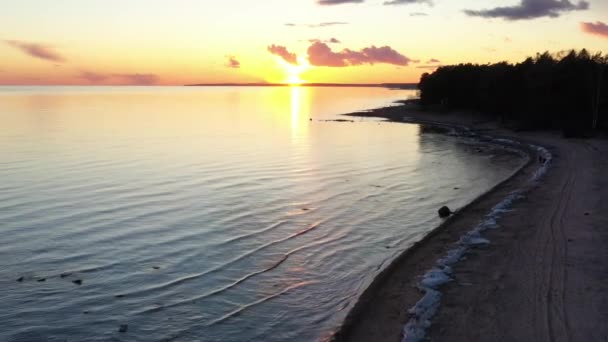 Los drones vuelan sobre la costa al atardecer, la pintoresca puesta de sol, el agua tranquila, una playa de arena, las copas de los árboles están iluminadas por el sol al atardecer, las nubes rosadas — Vídeos de Stock