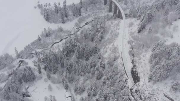 Вид с воздуха на виадук Landwasser с железной дорогой без поезда в зимний период, ориентир Швейцарии, снег, беспилотник летит вперед — стоковое видео