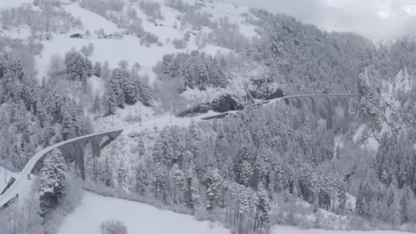 Αεροφωτογραφία του Landwasser Viaduct με σιδηροδρομικό χωρίς τρένο το χειμώνα, ορόσημο της Ελβετίας, χιόνισμα, drone doesn 't κίνηση — Αρχείο Βίντεο