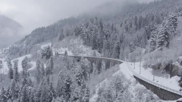 Vista aérea del viaducto de Landwasser con ferrocarril sin tren en invierno, hito de Suiza, nevando, dron vuela hacia adelante — Vídeos de Stock